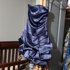 Navy blue strapless satin ruffle dress